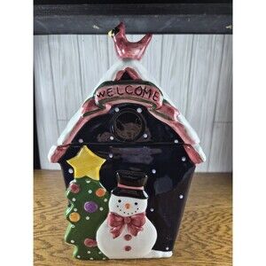 Vintage CKAO Ceramic Winter Holiday Birdhouse Cookie Jar 12" x 7.5" x 7"